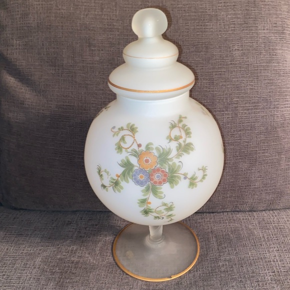 Vtg Frosted Satin Bristol Glass Pedestal Apothecary Globe Jar Handpainted Floral - Picture 3 of 8